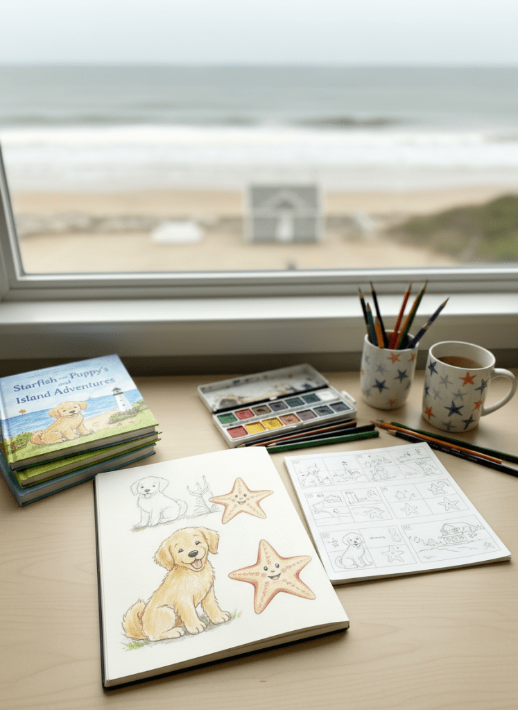 A tidy writing-and-illustration desk in photographic realism, set near a large window with a view of a soft-focus Martha’s Vineyard shoreline. On the light wood desk lies a sketchbook open to character designs of a playful puppy and smiling starfish, along with rough thumbnails of picture-book pages featuring beaches and Chappaquiddick landmarks, all drawn without any visible text. Colored pencils, watercolor pans, and a mug decorated with tiny starfish motifs are scattered neatly around. A small stack of finished Starfish and Puppy books sits to one side, covers facing up. Gentle, diffused daylight pours through the window, casting delicate shadows and highlighting the textures of paper and art supplies. Shot from a three-quarter overhead angle, the composition feels creative, inviting, and whimsically professional, perfect for showcasing the author’s process.